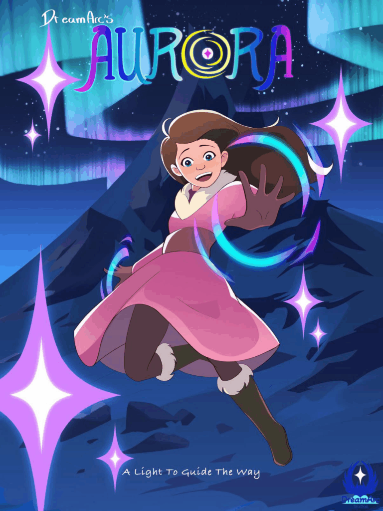 A girl in a furry, pink dress standing before a mountain and the northern lights. Magic swirls around her hand.